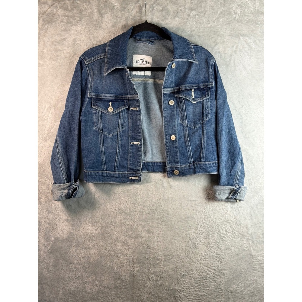 HOLLISTER Denim Jacket Women XS Blue Cropped Jean‎ Trucker Button Y2K